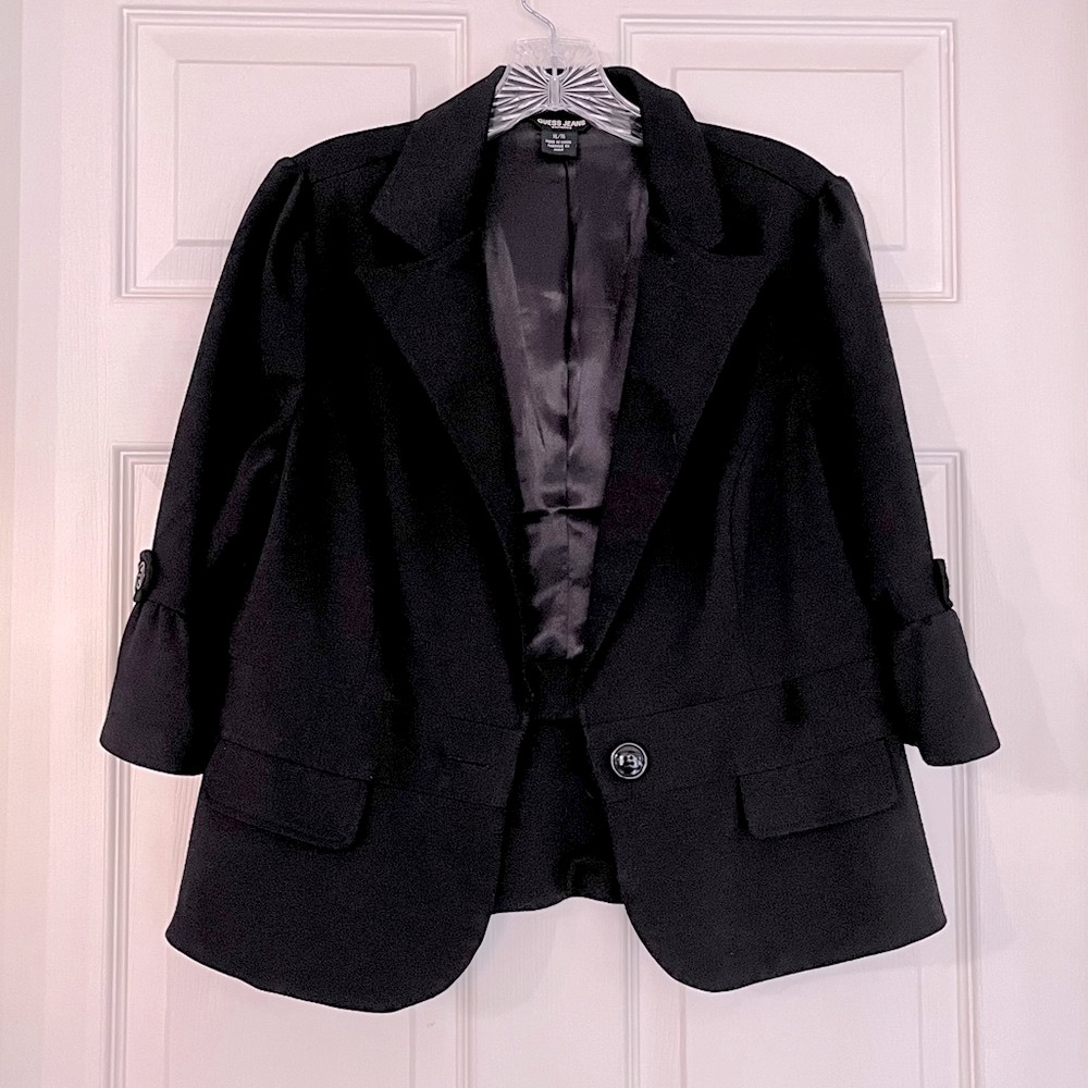 Guess Jeans Black Blazer Lightweight Jacket with Flounce Ruffle Sleeve, Size XL